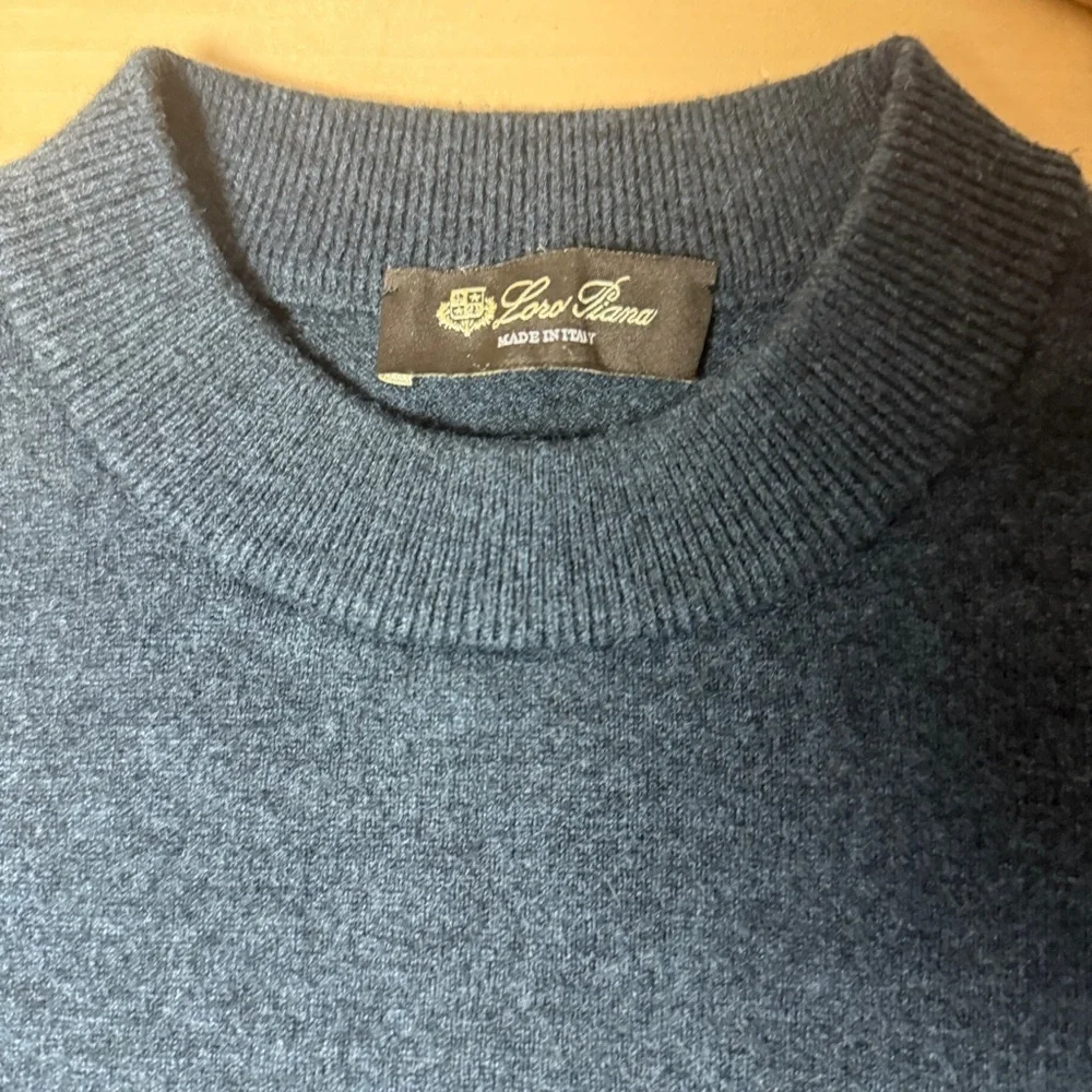Loro Piana Embroidered Logo Navy Blue Crew Neck Wool Sweater - Small